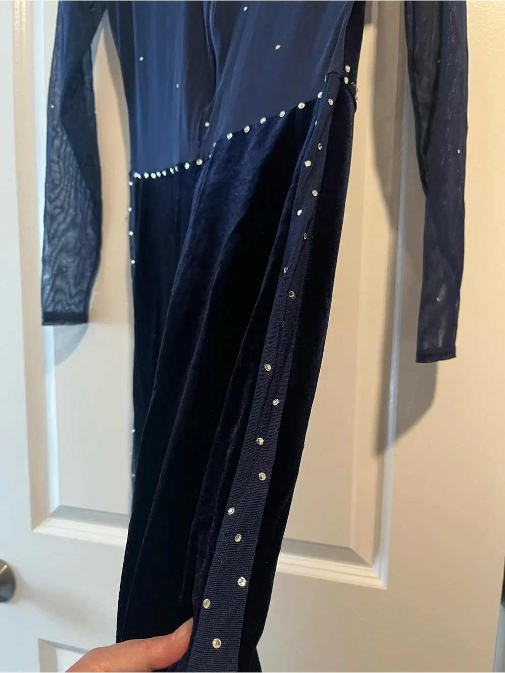Custom Made Navy Velvet Jazz Dance Unitard with Sheer Sleeves and Crystals